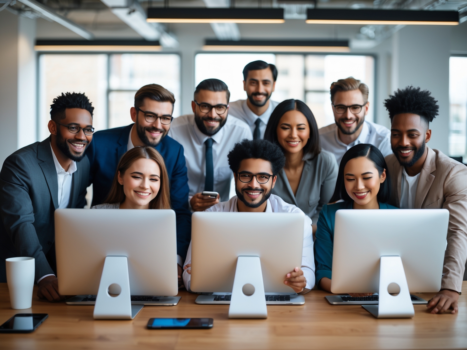 Diverse group of people collaborating on accessibility projects in a modern office